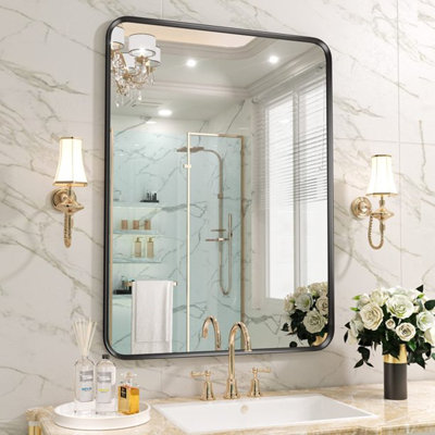 Miroir de salle de bain noir incassable avec cadre, miroir mural rectangulaire pour évier