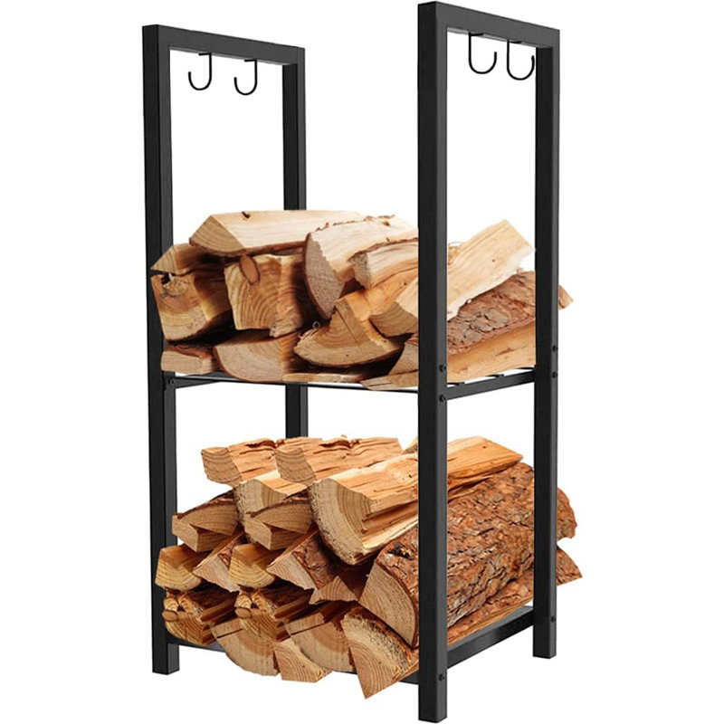 Petit support de rangement à bûches 2 niveaux pour foyer intérieur ou patio extérieur, noir