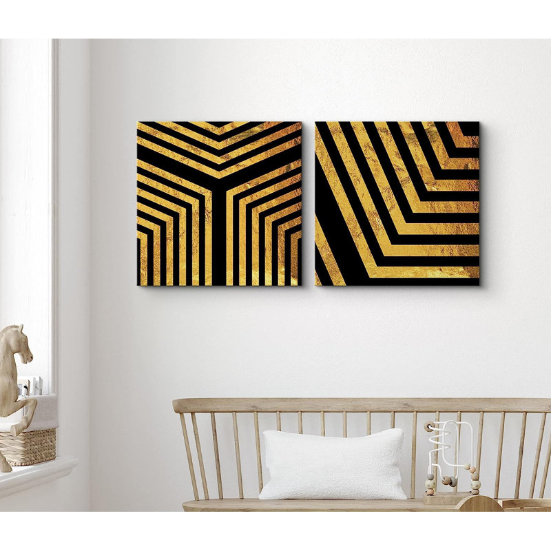 «Black and Gold» en forme de Y géométrique sur toile, 2 pièces, H 12 po x l 24 po x P 1,5 po