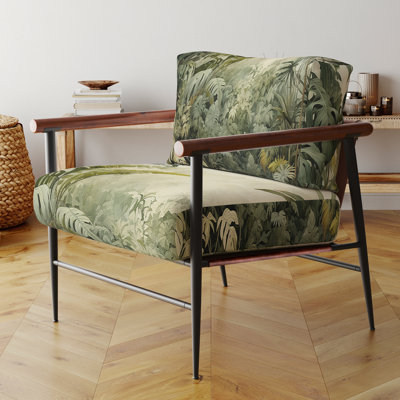 Fauteuil tropical vintage en velours, motif paysage de jungle, fauteuil d'appoint vert