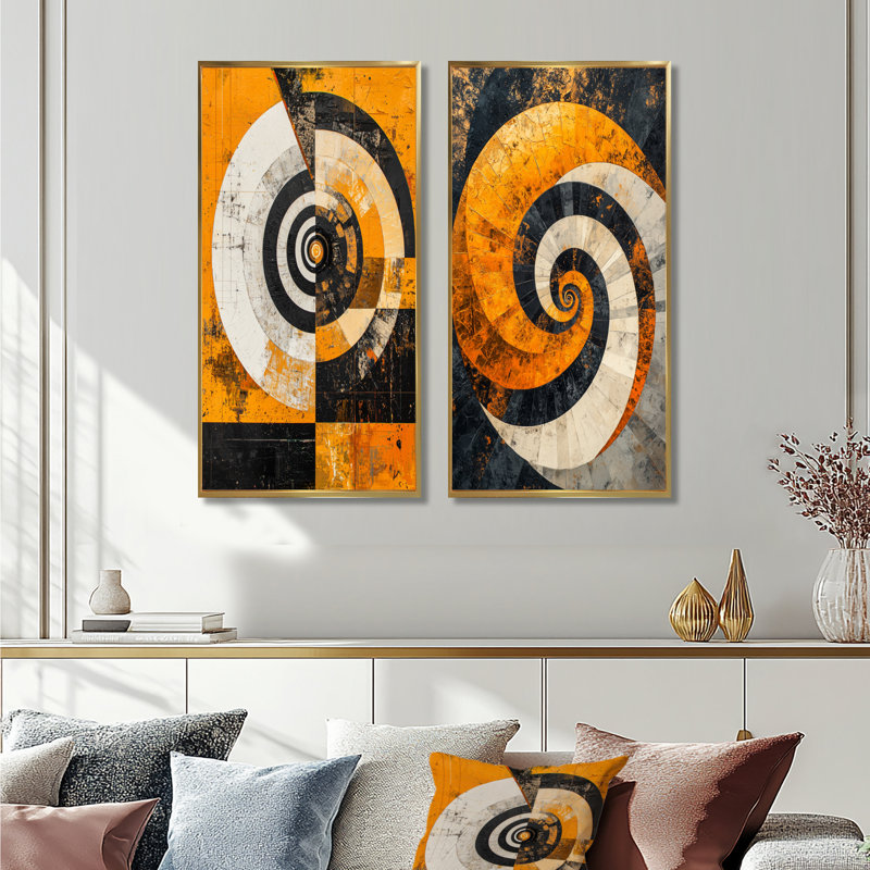 Vortex géométrique en spirale I - ensemble d'art mural géométrique 2 pièces, Cadre flottant doré, H 32 po x l 32 po