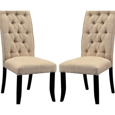 Chaises de salle à manger rustiques en tissu beige, ensemble de 2 - Dossier et structure en bois noir antique, revêtement et cadre inclus