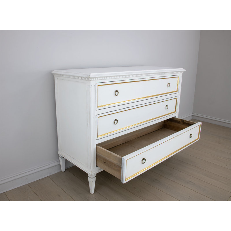 Lauren 3 - Drawer Solid Wood Dresser, White/Gold