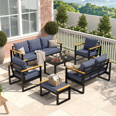 Modern 7-Seat Outdoor Sofa Set with Wood Trim & Center Table
