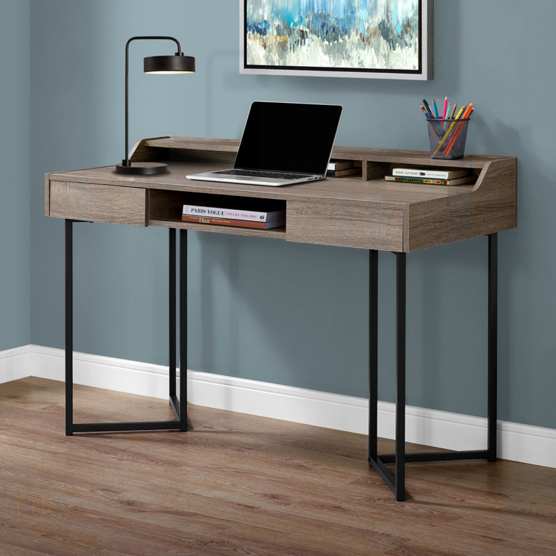 Modern Contemporary Laptop Computer Desk With Storage Drawers And Open Cubbies, Ideal For Home Office Work In Small Spaces.