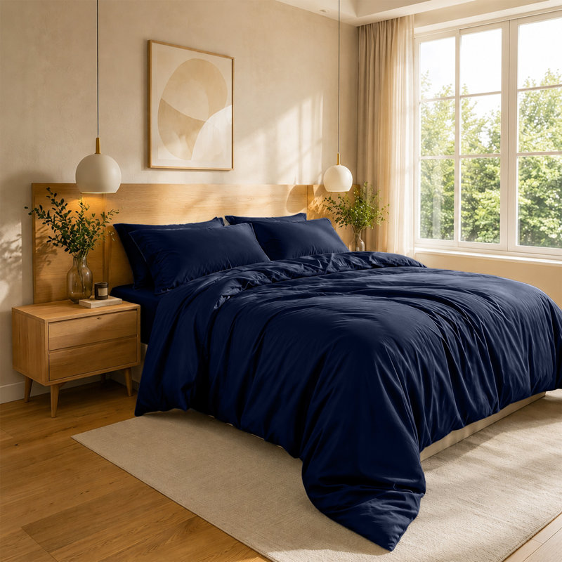 4-Piece Microfiber Duvet Cover Set – Pillowcases & Fitted Sheet, Navy, Single Duvet Cover  + 3 Additional Pieces