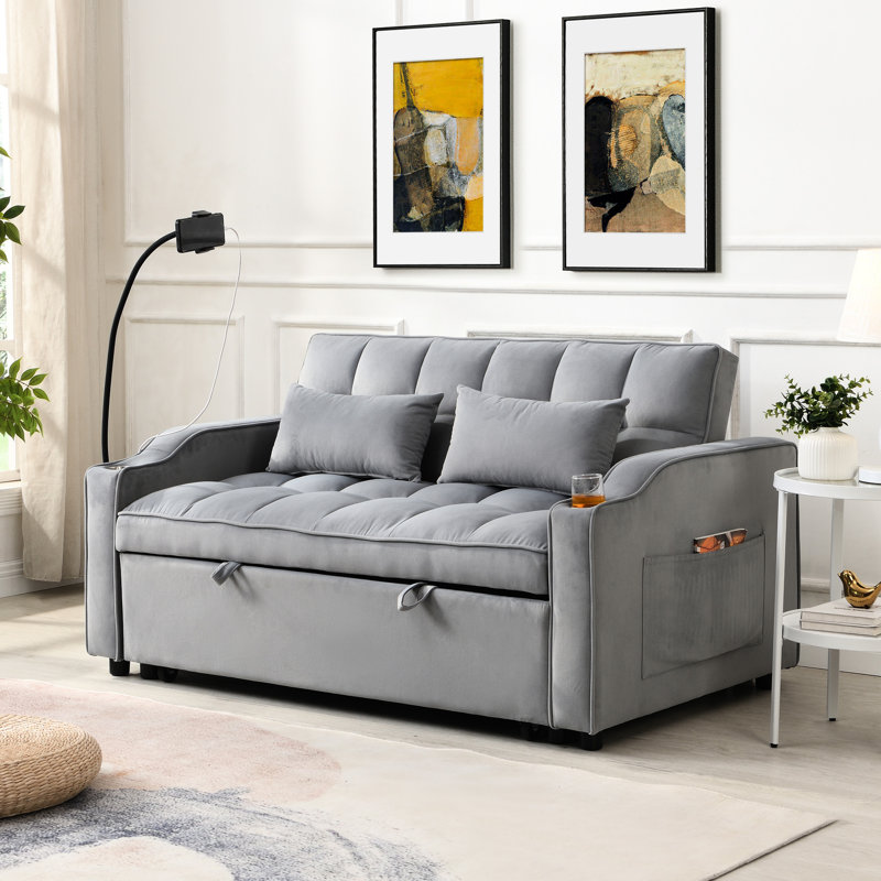 Lit convertible en velours gris, 2 places, inclinable réglable, poches et facile à assembler, pour un siège de bureau
