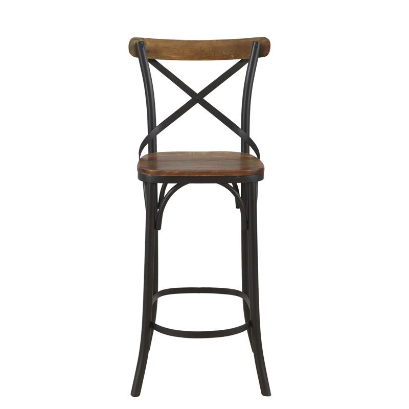 30" Brown and Black Solid Wood and Metal Counter Height Bar Chair