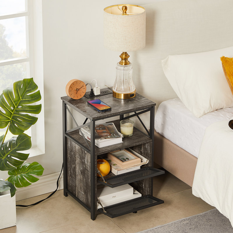 Nightstand with Charging Station End Side Tables with Storage Drawers and USB Ports & Power Outlets, Old School
