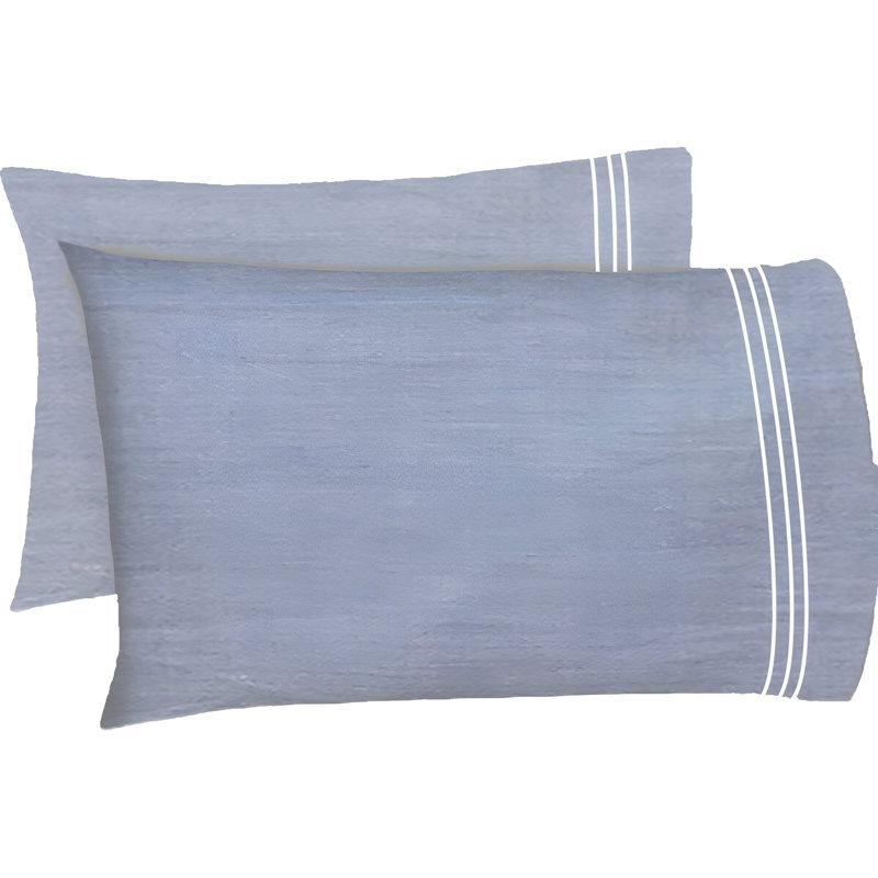200TC Yarn Dyed Chambray Indigo Blue Triple Embroidery Cotton 4 Piece Sheet Set Fitted Sheet Fits Upto 16" Deep Pocket