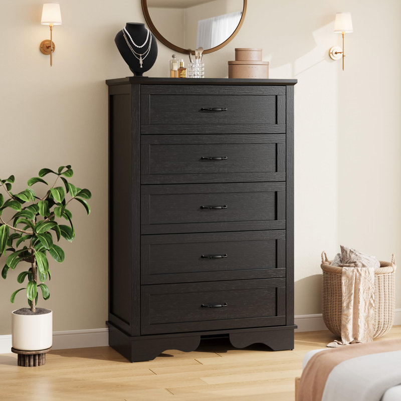 Grande commode à 5 tiroirs - Armoire de rangement étroite en bois pour la chambre à coucher - Organisateur de vêtements robuste, facile à assembler et peu encombrant