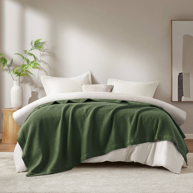 Waffle Weave 100% Cotton Blanket, Queen, Olive Green