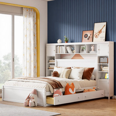 Grand lit en bois avec armoire tout-en-un, tablette et prises, blanc