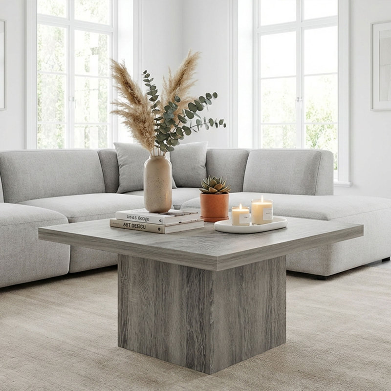 Table basse carrée, centre avec plateau de table épais de 1,6 po pour le salon, assemblage facile, grain de bois gris 31,5 po x 31,5 po