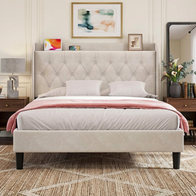 Velvet Tufted Upholstered Platform Bed with Charging Station (Beige, Full Size)