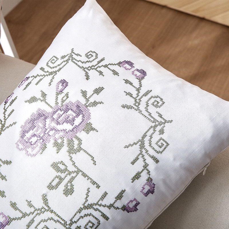 Rose Embroidered Pillow Cover, Lilac