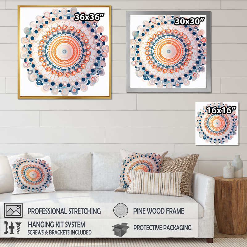 Boho Mandala en rétro bleu et orange sur toile, Toile tendue, H 16 po x l 16 po x P 1 po
