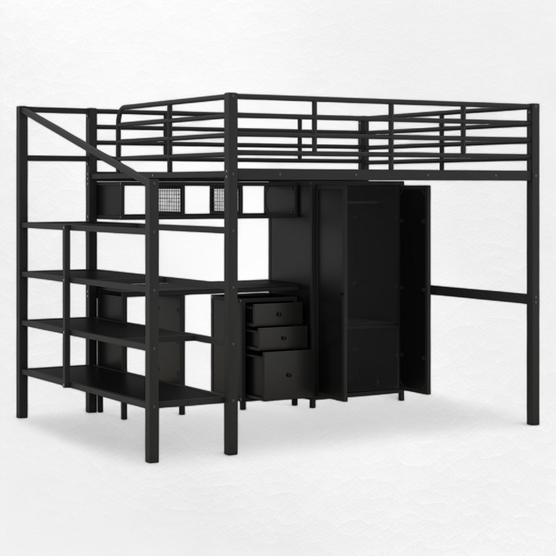 Full Metal Loft Bed With Built-In Desk And Storage