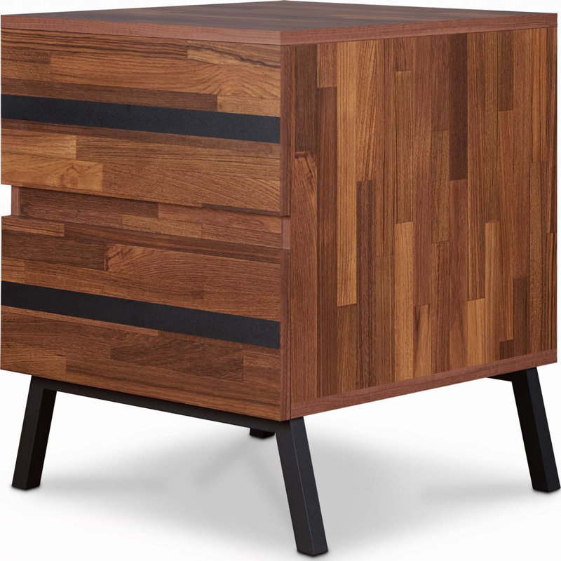 Table de bout 23 po en bois et fer noir et brun avec deux tiroirs