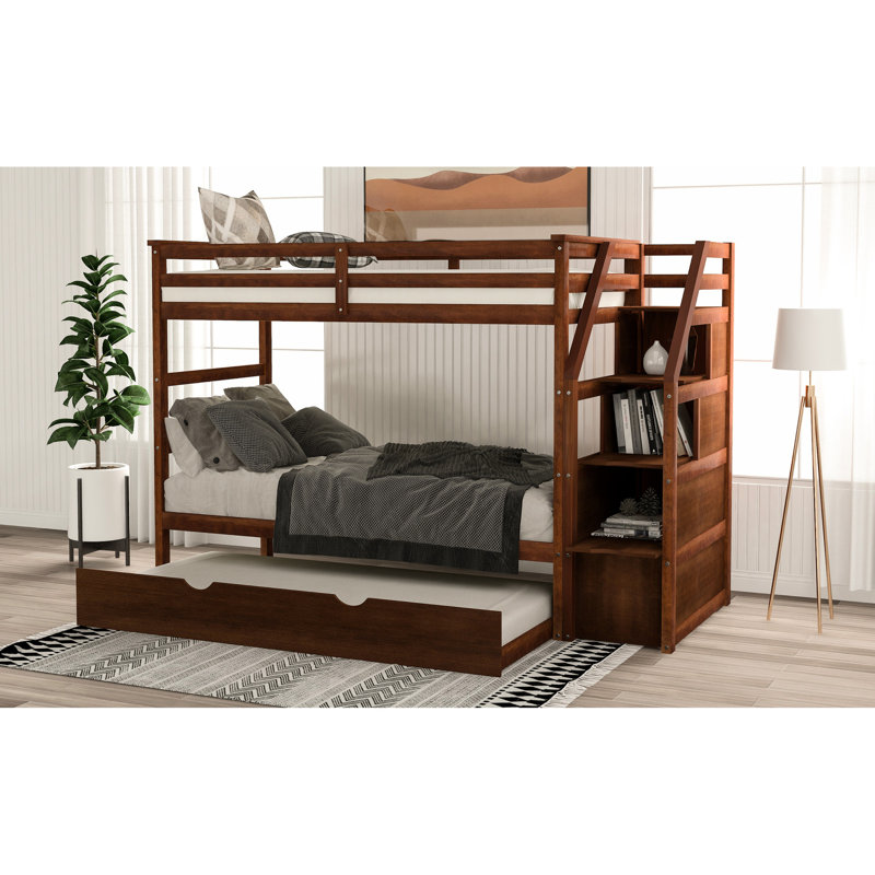 Spacieux lit superposé Twintwin en noyer avec lit gigogne et capacité de rangement organisé