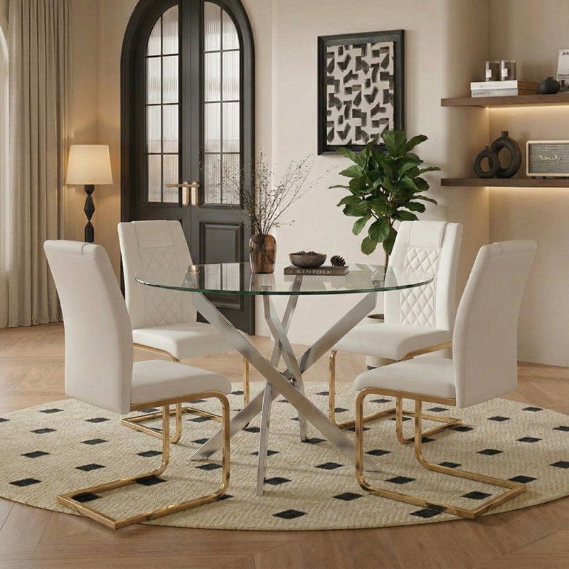 Ensemble de table de salle à manger 5 pièces en verre rond moderne, table de salle à manger en verre de 35,5 pouces avec pieds argentés et 4 chaises en cuir de polyuréthane
