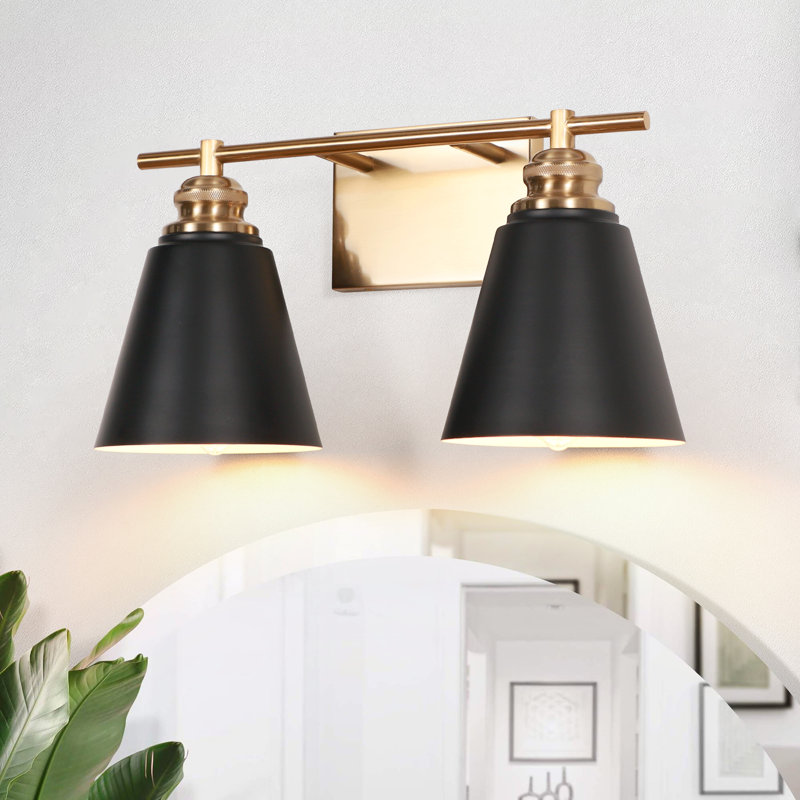 16" 2-Light Dimmable Black Gold Bathroom Vanity Light with Metal Shade, 2