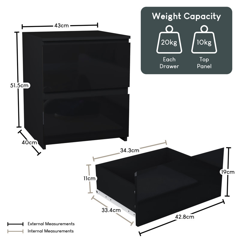 Taniesha 4 Piece Bedroom Set (2 Drawer Bedside Chest X2, 3 Drawer Chest, 2 Door 2 Drawer Wardrobe), (100% FSC), Black