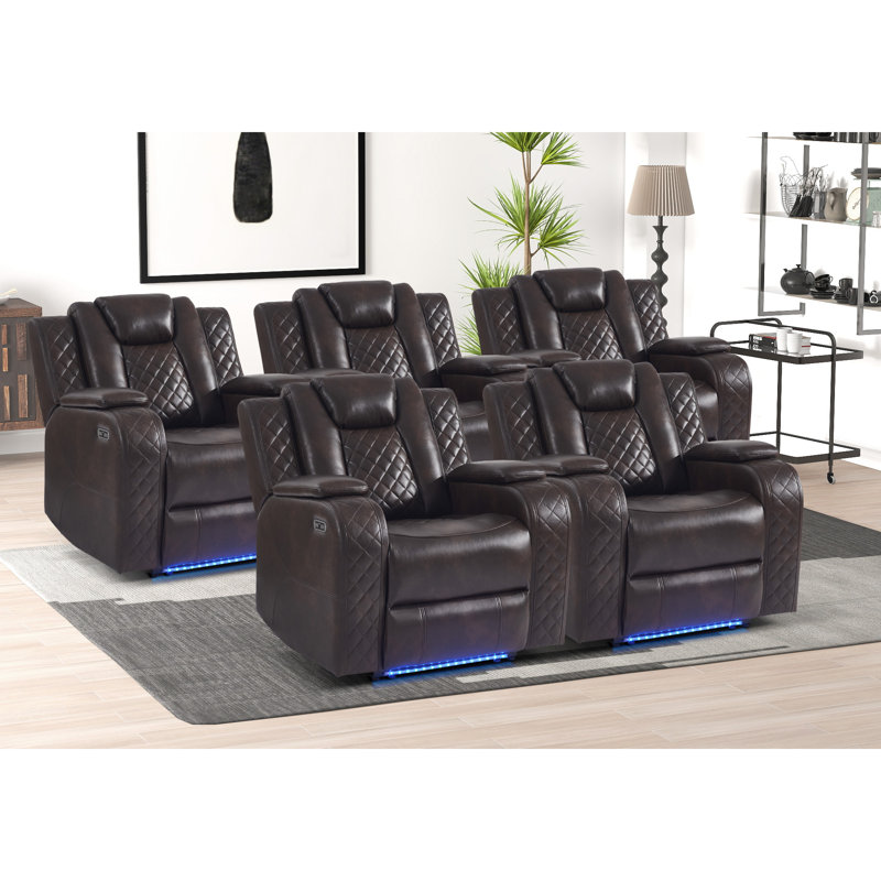 Ensemble de cinéma maison inclinable à accoudoirs rembourrés et réglables de 37,8 po de largeur avec accoudoirs rembourrés et souples avec éclairage inférieur (ensemble de 5)