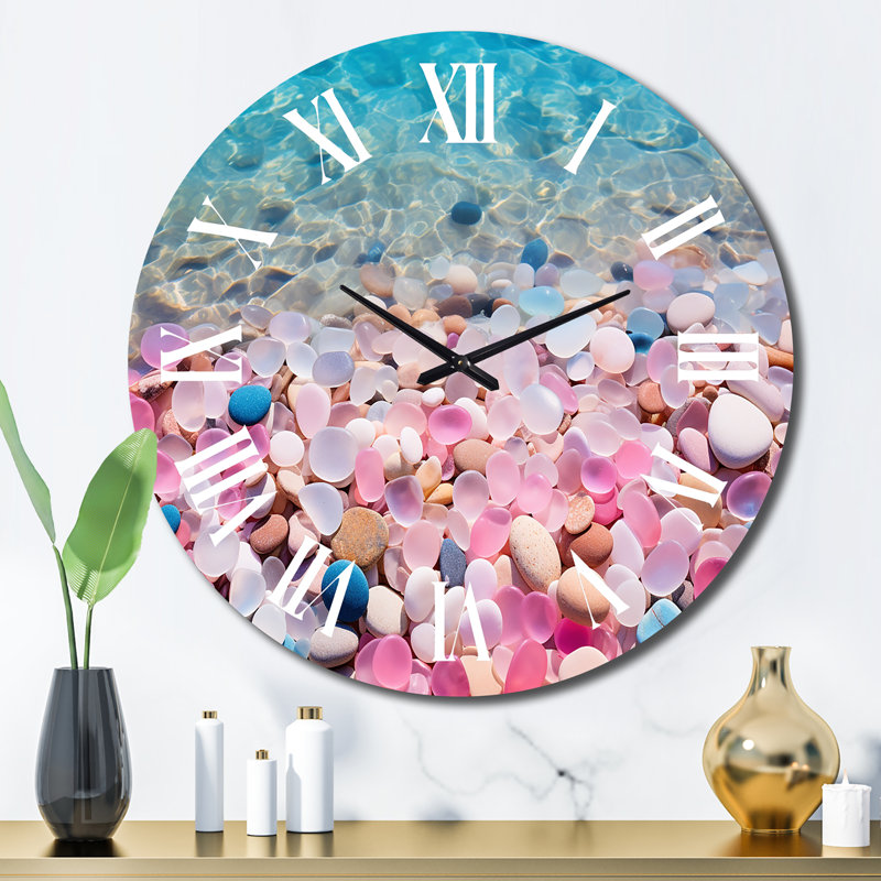 Pink Pebbels On Blue Azure Beach Metal Wall Clock, Large