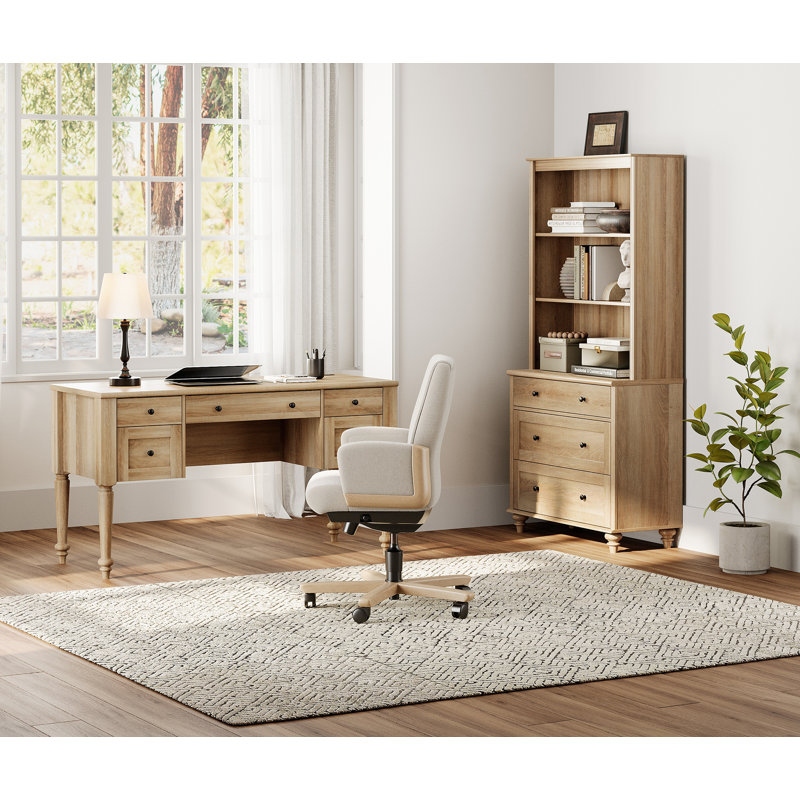 2 Piece Office Set, 56" Executive Desk & Bookcase With Drawers, Oak