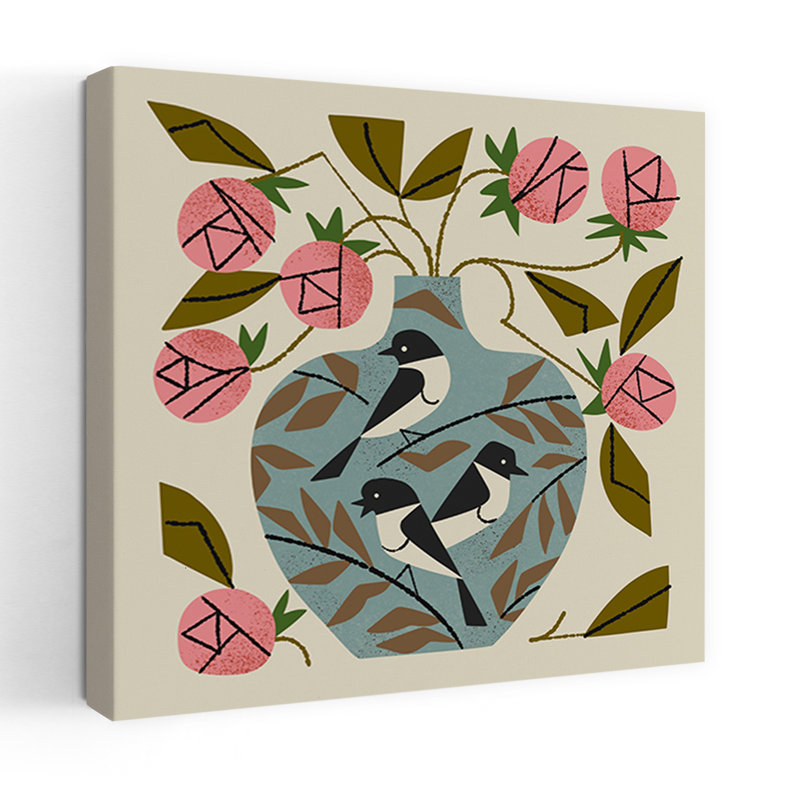 Trois oiseaux roses dans un vase abstrait contemporain, H 18 po x l 18 po
