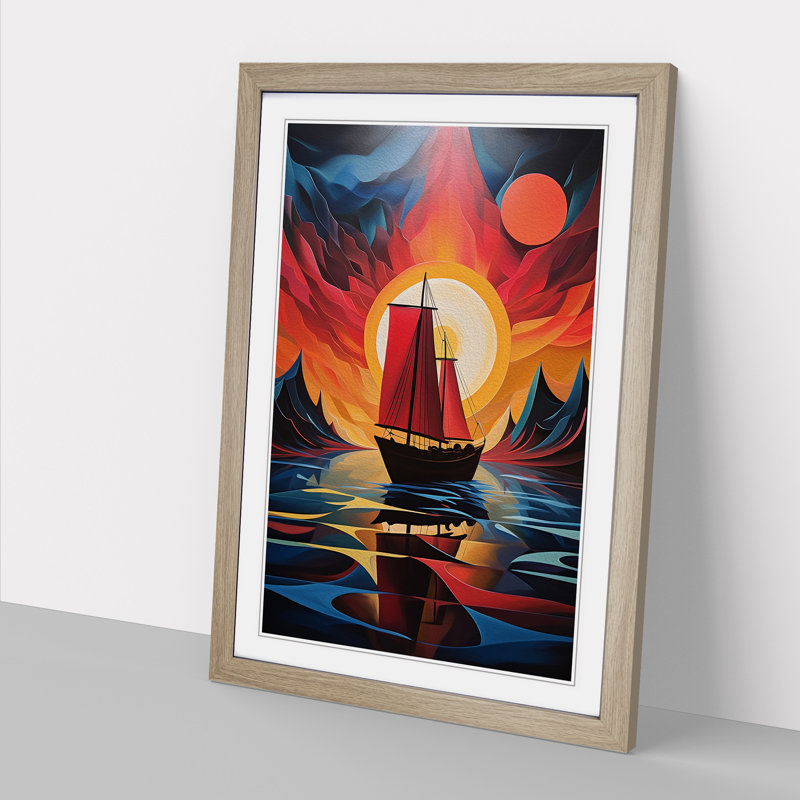 Boat on a Lake Abstract Art - Framed Print, Oak Framed, 46cm H x 34cm W x 2cm D