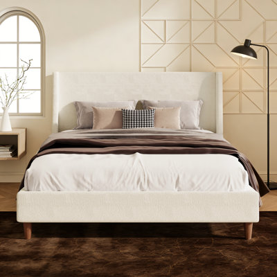 Upholstered Platform Bed with Wingback Headboard, Boucle Bed Frame with Tall Legs and Underbed Storage, Weight Capacity 600 lbs, No Box Spring Needed, Ivory, King