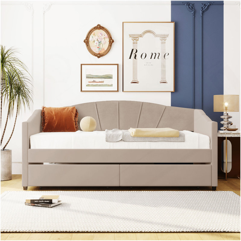 Upholstered Daybed Twin Size With Two Drawers And Wood Slat  ,Beige, Beige