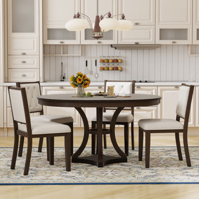 5-Piece Retro Functional Dining Table Set Extendable Round Table And 4 Upholstered Chairs For Dining Room And Living Room