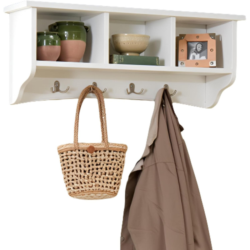 Shaker Cottage (L) 36" x (W) 9" x (H) 14" Wall-Mounted Coat Rack with 3 Open Shelves, Ivory, Ivory