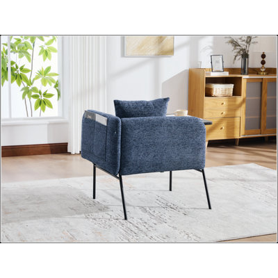 Fauteuil de loisirs, fauteuil de détente avec petite table et coussin de dossier, chaises rembourrées modernes avec pieds en métal et poches latérales pour le salon / la chambre / le jardin