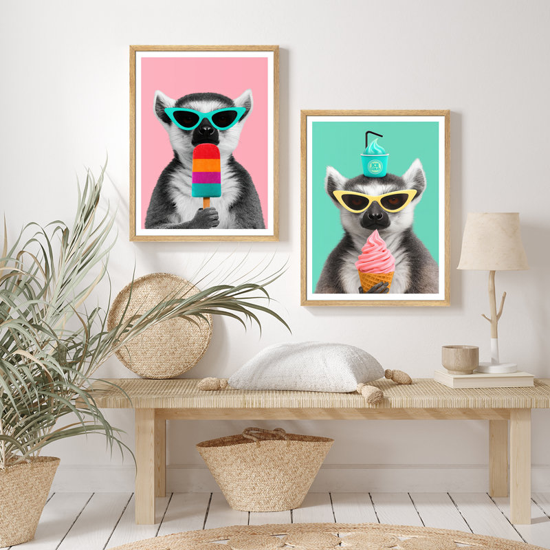 «Cool Lemur», ensemble de 2 encadrements amusants de singe avec crème glacée et lunettes de soleil pour décor de chambre d'enfant ou de café moderne