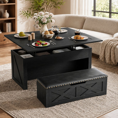 Lift Top Coffee Table Set, 40'' Multi-Function Coffee Table with Ottoman Bench on Wheels and Hidden Compartment, Center Table with Bench for Living Room
