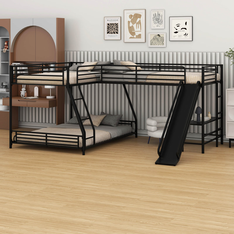 Lit superposé simple au-dessus de L en forme de L avec lit mezzanine simple et bureau intégré, lits triples en métal avec échelle et glissade