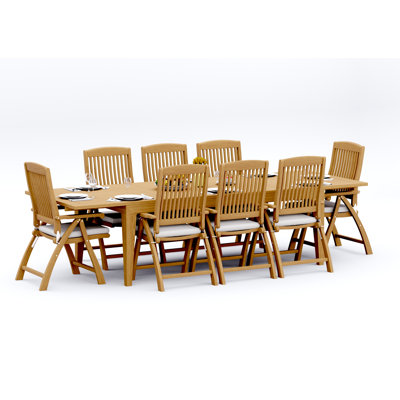 9 Pcs Grade-A Teak Wood Dining Set: 122" Caranas Double Extension Rectangle Table And 8 Marley Folding Reclining Arm Chairs #11MR2908