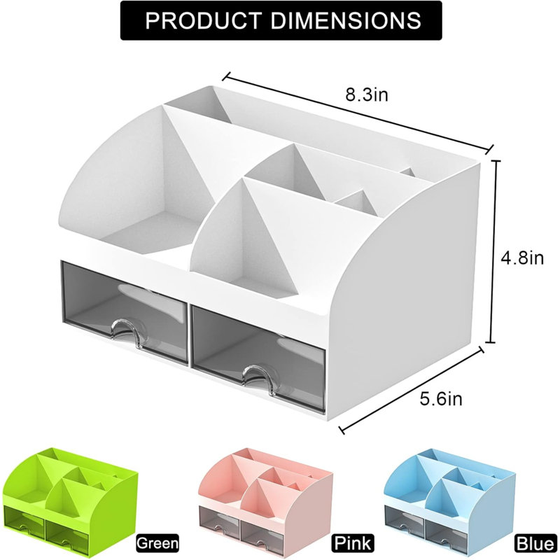 Organisateur de bureau avec 6 compartiments et 2 tiroirs, organisateur de maquillage en plastique, porte-stylo pour rangement de bureau, organisation de bureau pour l'école, la maison, fournitures de bureau (blanc)