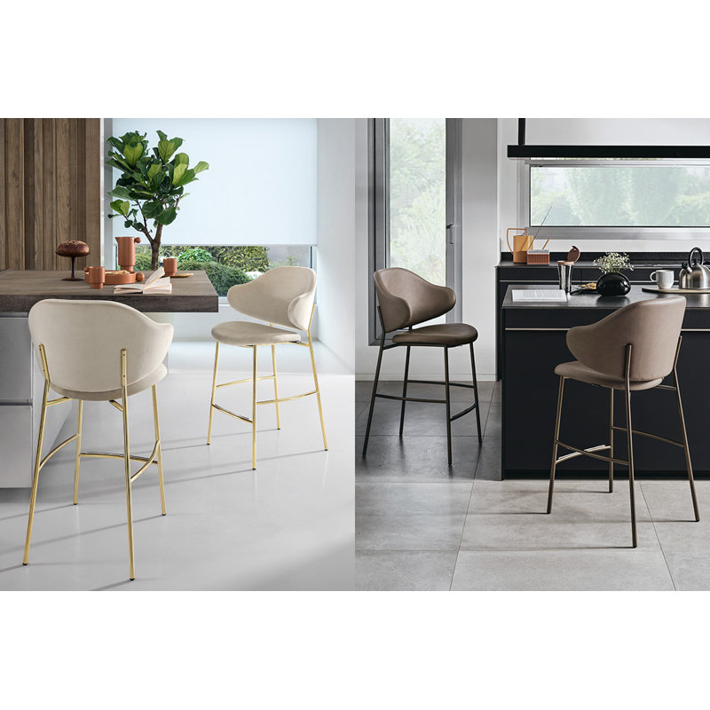 Holly Upholstered Stool with Rounded Back and Metal Frame, Tobacco, Matt Black