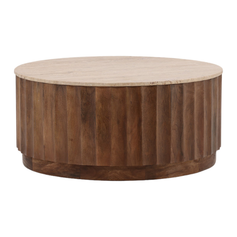 Milburn Round Natural Stone and Medium Brown Wood Coffee Table