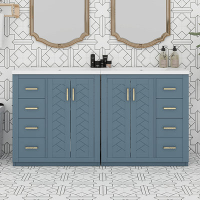 Meuble-lavabo de 60 po avec lavabo double, meuble-lavabo double avec 6 tiroirs et 2 armoires spacieuses, portes à fermeture douce (2 x 30 po)