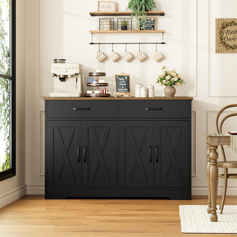 Buffet Modern Farmhouse avec tiroirs et portes de grange, gris cendré