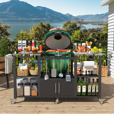 Grill Table For Large Big Green Egg,Kamado Joe Classic, 201 Stainless Steel Multi-Functional Bbq Prep Table With Lockable Wheels