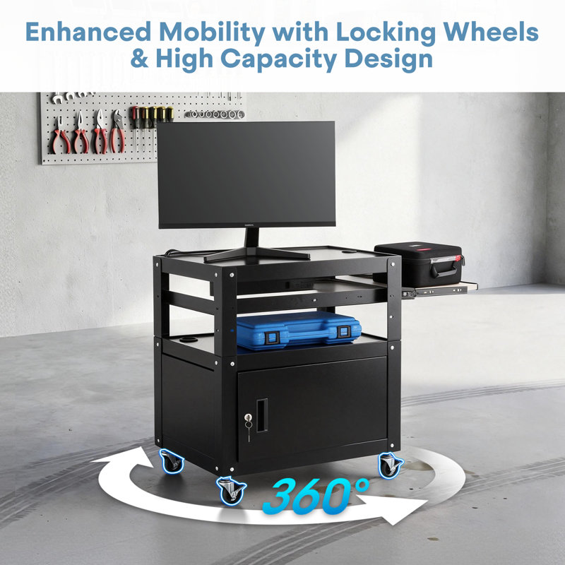 24"X18" Steel AV Cart Lockable Cabinet & Power Strip 20.7"-30" Height Adjustable Rolling Projector Cart 2 Shelves Pull-Out Tray​​