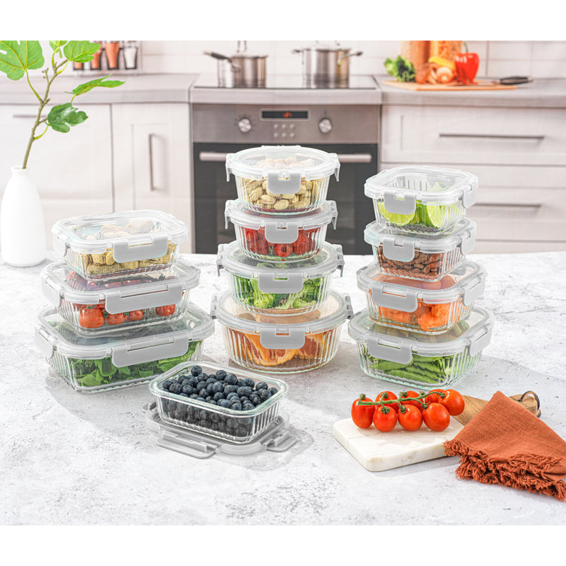 JoyJolt 24-Piece Gray Fluted Glass Food Storage Containers with Lids