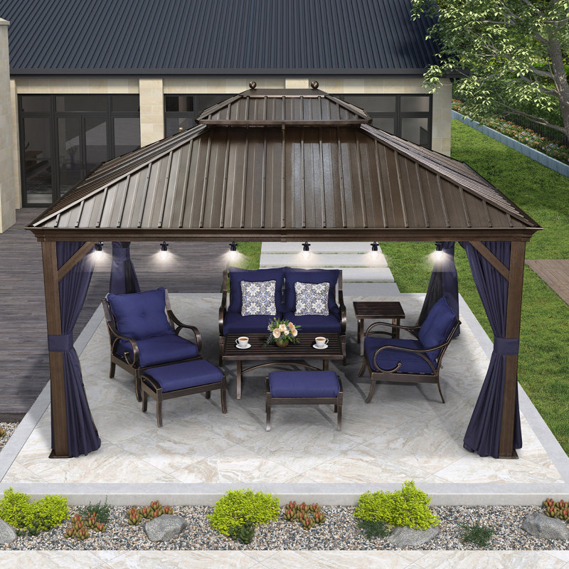 14 Ft. W x 12 Ft. D Aluminum Patio Gazebo with 48 Ft String Lights